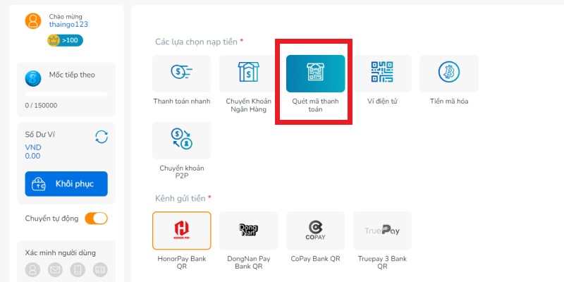 Chọn nạp tiền QR 